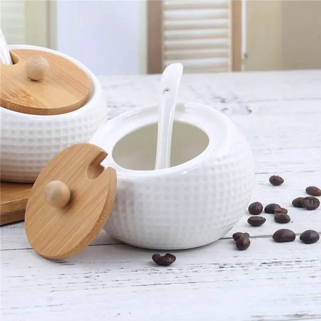Alt view image 2 of 7 - Porcelain Condiment Jar Spice Container with Lids - Bamboo Cap Holder Spot, Ceramic Serving Spoon, Wooden Tray Best Pottery Cruet Pot for Your Home, Kitchen, Counter. White,170 ML (5.8 OZ), Set of 3