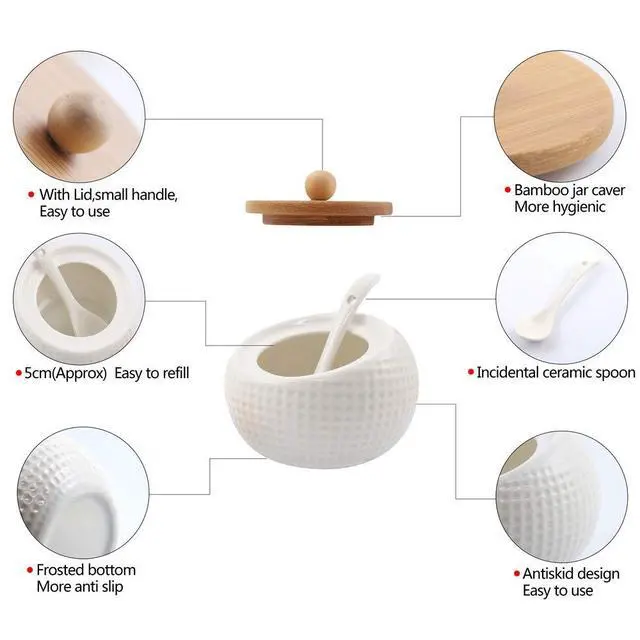 Alt view image 3 of 7 - Porcelain Condiment Jar Spice Container with Lids - Bamboo Cap Holder Spot, Ceramic Serving Spoon, Wooden Tray Best Pottery Cruet Pot for Your Home, Kitchen, Counter. White,170 ML (5.8 OZ), Set of 3