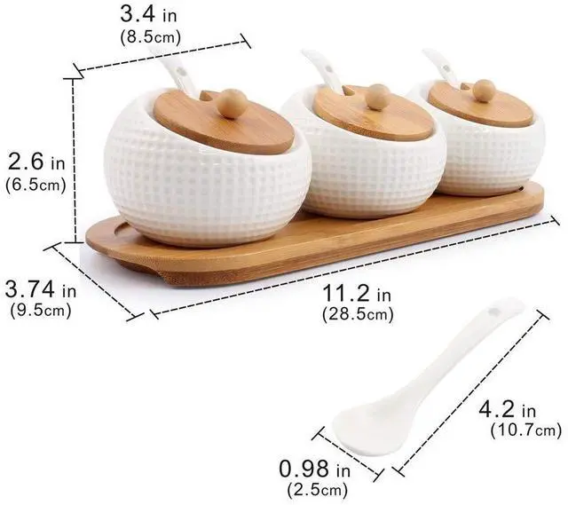 Alt view image 5 of 7 - Porcelain Condiment Jar Spice Container with Lids - Bamboo Cap Holder Spot, Ceramic Serving Spoon, Wooden Tray Best Pottery Cruet Pot for Your Home, Kitchen, Counter. White,170 ML (5.8 OZ), Set of 3