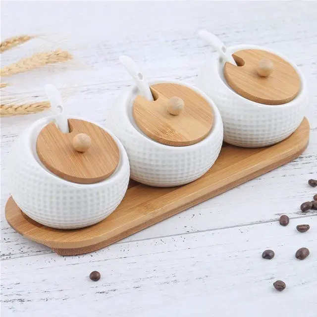 Alt view image 6 of 7 - Porcelain Condiment Jar Spice Container with Lids - Bamboo Cap Holder Spot, Ceramic Serving Spoon, Wooden Tray Best Pottery Cruet Pot for Your Home, Kitchen, Counter. White,170 ML (5.8 OZ), Set of 3