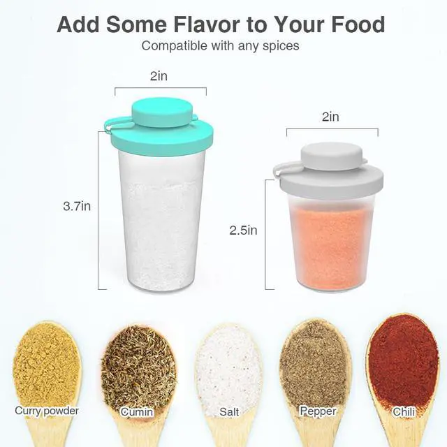 Alt view image 4 of 6 - Small Salt and Pepper Shakers Set with Moisture Proof Sinlicone Lids, 4.5oz Mini Spice Shaker to go for Camping Travel Picnic Lunch Boxes (Mint & Grey, Medium & Large)