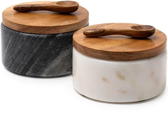 Main image of Marble Salt and Pepper Bowls - Set of 2 Handcrafted White/Grey Solid Marble Salt and Pepper Cellars with Lids and Spoons - Elegant Containers for Countertop or Table