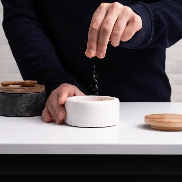 Alt view image 2 of 6 - Marble Salt and Pepper Bowls - Set of 2 Handcrafted White/Grey Solid Marble Salt and Pepper Cellars with Lids and Spoons - Elegant Containers for Countertop or Table
