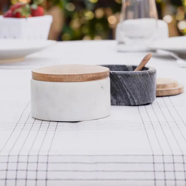Alt view image 5 of 6 - Marble Salt and Pepper Bowls - Set of 2 Handcrafted White/Grey Solid Marble Salt and Pepper Cellars with Lids and Spoons - Elegant Containers for Countertop or Table
