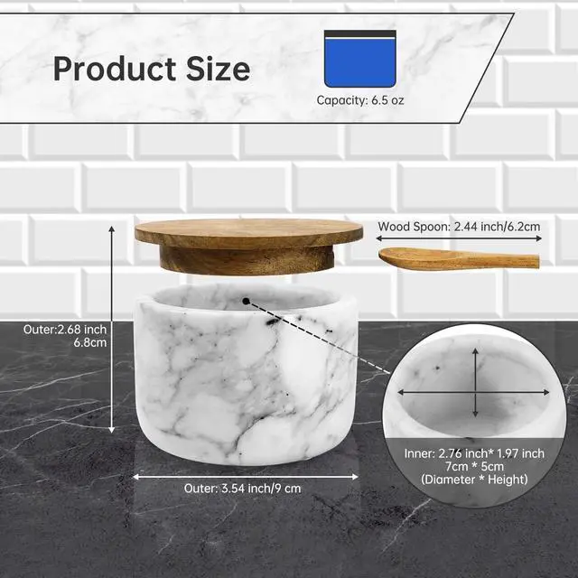 Alt view image 2 of 6 - Salt and Pepper Bowl, Marble Salt Cellar and Spices Storage Container With Built-in Spoon and Acacia Wood Lid - 6.5oz Capacity (White)