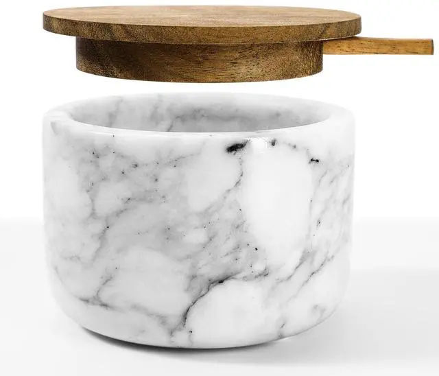 Main image of Salt and Pepper Bowl, Marble Salt Cellar and Spices Storage Container With Built-in Spoon and Acacia Wood Lid - 6.5oz Capacity (White)