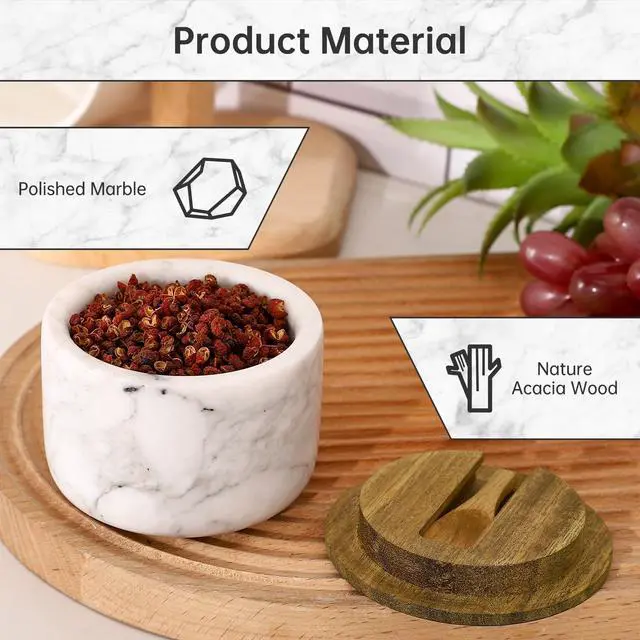 Alt view image 4 of 6 - Salt and Pepper Bowl, Marble Salt Cellar and Spices Storage Container With Built-in Spoon and Acacia Wood Lid - 6.5oz Capacity (White)