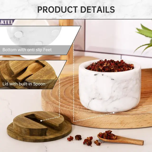 Alt view image 3 of 6 - Salt and Pepper Bowl, Marble Salt Cellar and Spices Storage Container With Built-in Spoon and Acacia Wood Lid - 6.5oz Capacity (White)