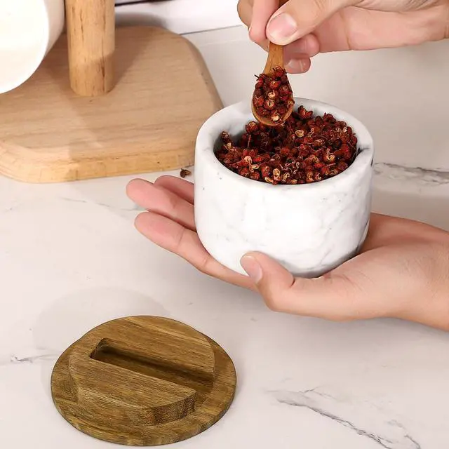 Alt view image 6 of 6 - Salt and Pepper Bowl, Marble Salt Cellar and Spices Storage Container With Built-in Spoon and Acacia Wood Lid - 6.5oz Capacity (White)
