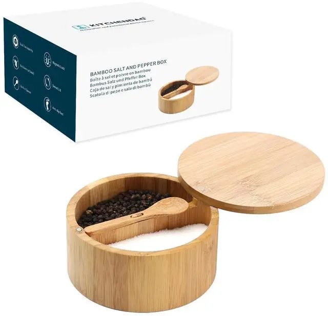 Main image of Bamboo Salt and Pepper Bowl Box Cellar Container Divided, Built-in Serving Spoon to Avoid Dust, Swivel Lid to Keep Dry, Sea Salt Spice Seasoning Keeper Holder, Dual 7 Ounce Capacity