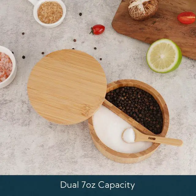 Alt view image 2 of 7 - Bamboo Salt and Pepper Bowl Box Cellar Container Divided, Built-in Serving Spoon to Avoid Dust, Swivel Lid to Keep Dry, Sea Salt Spice Seasoning Keeper Holder, Dual 7 Ounce Capacity