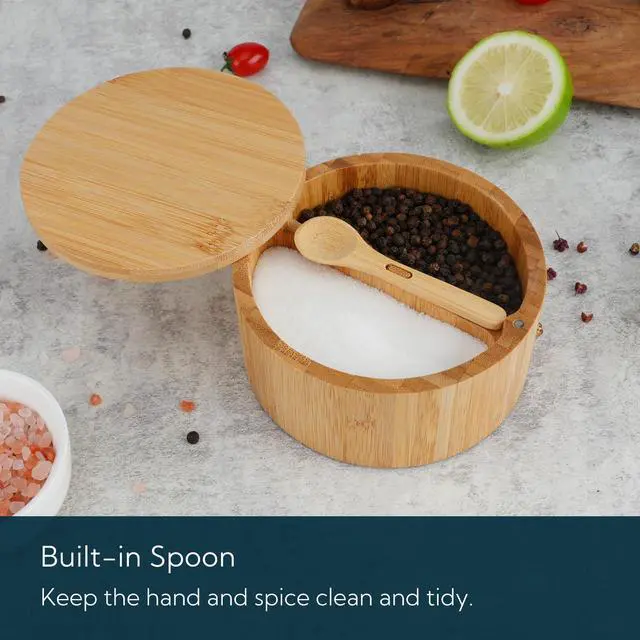 Alt view image 3 of 7 - Bamboo Salt and Pepper Bowl Box Cellar Container Divided, Built-in Serving Spoon to Avoid Dust, Swivel Lid to Keep Dry, Sea Salt Spice Seasoning Keeper Holder, Dual 7 Ounce Capacity