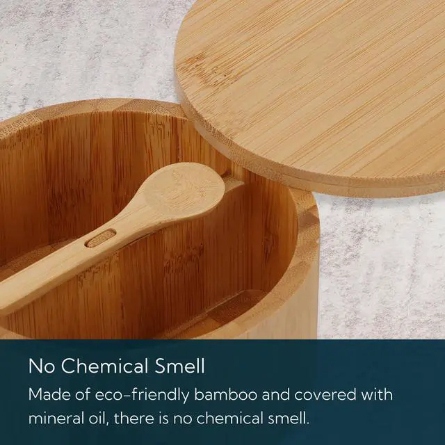 Alt view image 5 of 7 - Bamboo Salt and Pepper Bowl Box Cellar Container Divided, Built-in Serving Spoon to Avoid Dust, Swivel Lid to Keep Dry, Sea Salt Spice Seasoning Keeper Holder, Dual 7 Ounce Capacity