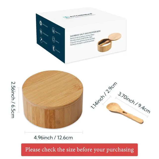 Alt view image 6 of 7 - Bamboo Salt and Pepper Bowl Box Cellar Container Divided, Built-in Serving Spoon to Avoid Dust, Swivel Lid to Keep Dry, Sea Salt Spice Seasoning Keeper Holder, Dual 7 Ounce Capacity