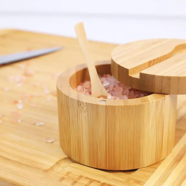 Alt view image 2 of 7 - Bamboo Salt Cellar with Mini Spoon and Magnetic Swivel Lid