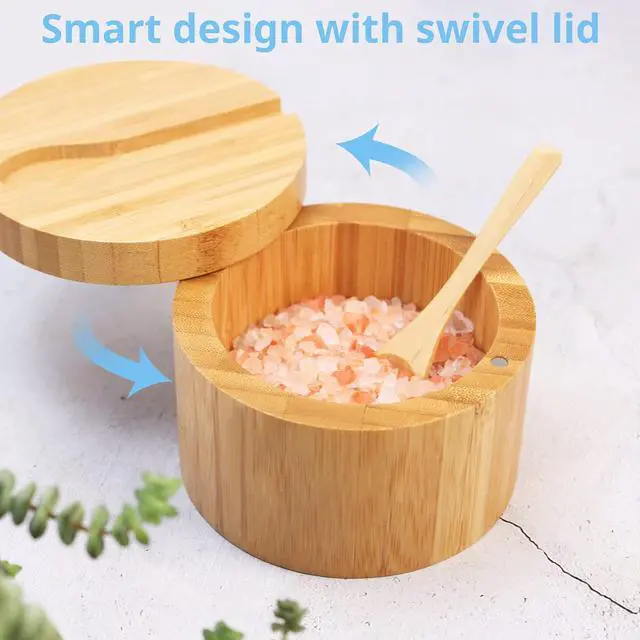 Alt view image 4 of 7 - Bamboo Salt Cellar with Mini Spoon and Magnetic Swivel Lid