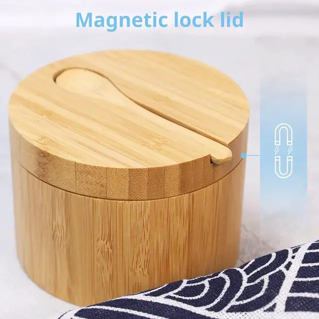 Alt view image 5 of 7 - Bamboo Salt Cellar with Mini Spoon and Magnetic Swivel Lid