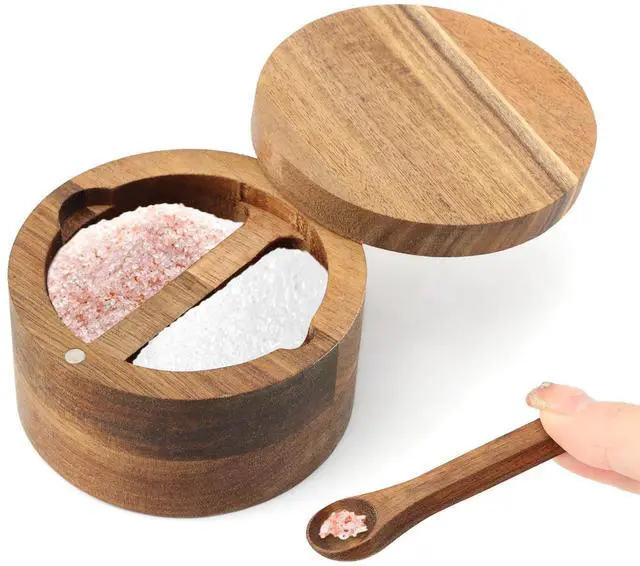 Main image of Wood Salt and Pepper Bowl, with Swivel Lid and Spoon Round Salt Container Spices Storage Box(10.3cm/4.06inch Dia)