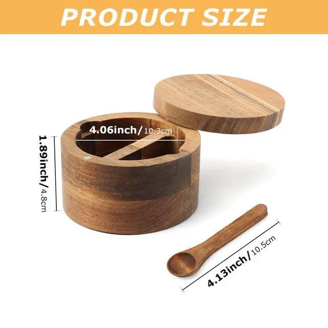 Alt view image 3 of 7 - Wood Salt and Pepper Bowl, with Swivel Lid and Spoon Round Salt Container Spices Storage Box(10.3cm/4.06inch Dia)