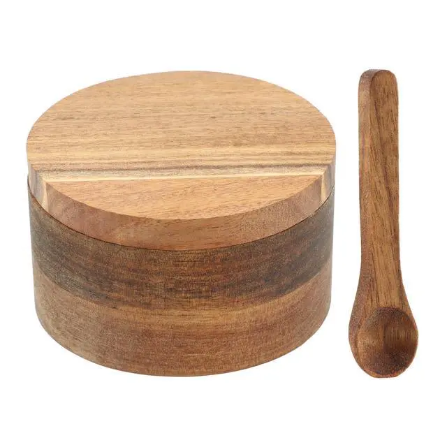 Alt view image 2 of 7 - Wood Salt and Pepper Bowl, with Swivel Lid and Spoon Round Salt Container Spices Storage Box(10.3cm/4.06inch Dia)