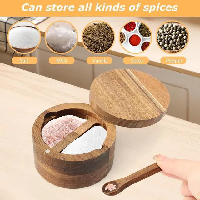 Alt view image 4 of 7 - Wood Salt and Pepper Bowl, with Swivel Lid and Spoon Round Salt Container Spices Storage Box(10.3cm/4.06inch Dia)