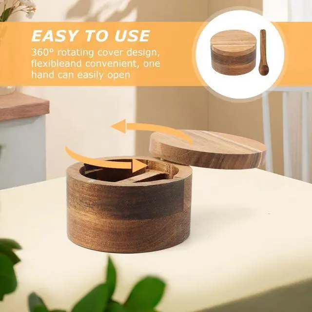 Alt view image 7 of 7 - Wood Salt and Pepper Bowl, with Swivel Lid and Spoon Round Salt Container Spices Storage Box(10.3cm/4.06inch Dia)