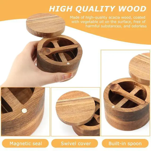 Alt view image 6 of 7 - Wood Salt and Pepper Bowl, with Swivel Lid and Spoon Round Salt Container Spices Storage Box(10.3cm/4.06inch Dia)