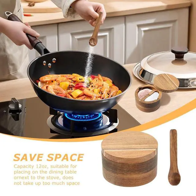 Alt view image 5 of 7 - Wood Salt and Pepper Bowl, with Swivel Lid and Spoon Round Salt Container Spices Storage Box(10.3cm/4.06inch Dia)