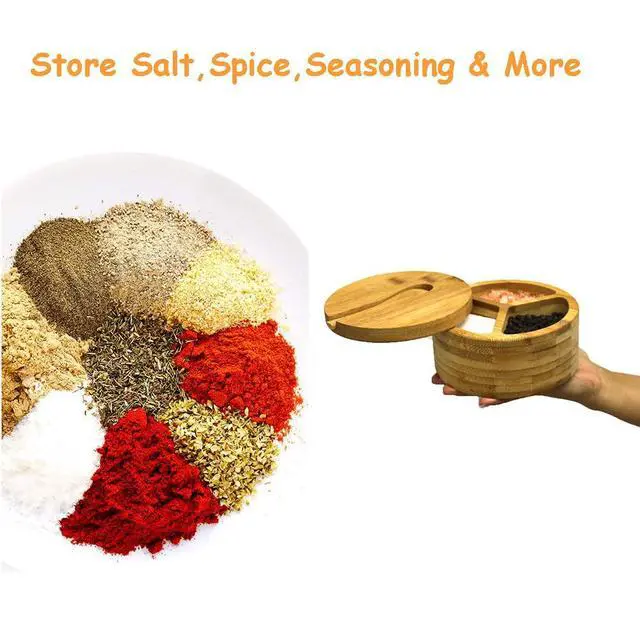 Alt view image 3 of 6 - Bamboo Salt and Pepper Box, 3 Compartment Salt and Pepper Cellar With Lid and Spoon,Spice Condiment Container for Kitchen Countertop