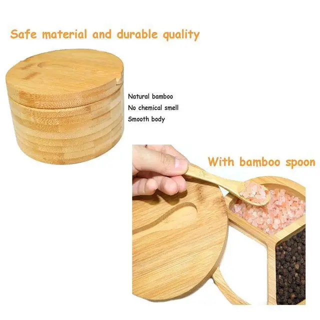 Alt view image 4 of 6 - Bamboo Salt and Pepper Box, 3 Compartment Salt and Pepper Cellar With Lid and Spoon,Spice Condiment Container for Kitchen Countertop