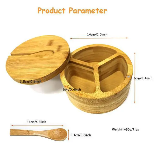 Alt view image 5 of 6 - Bamboo Salt and Pepper Box, 3 Compartment Salt and Pepper Cellar With Lid and Spoon,Spice Condiment Container for Kitchen Countertop