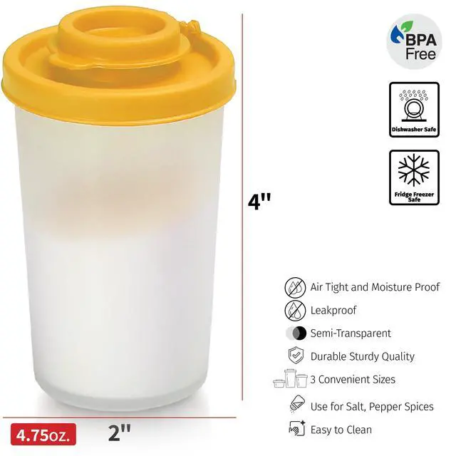 Alt view image 6 of 6 - Salt and Pepper Shakers Moisture Proof Set of 2 Large Salt Shaker to go Camping Picnic Outdoors Kitchen Lunch Boxes Travel Spice Set Clear with Yellow Lids Plastic Airtight Dispenser