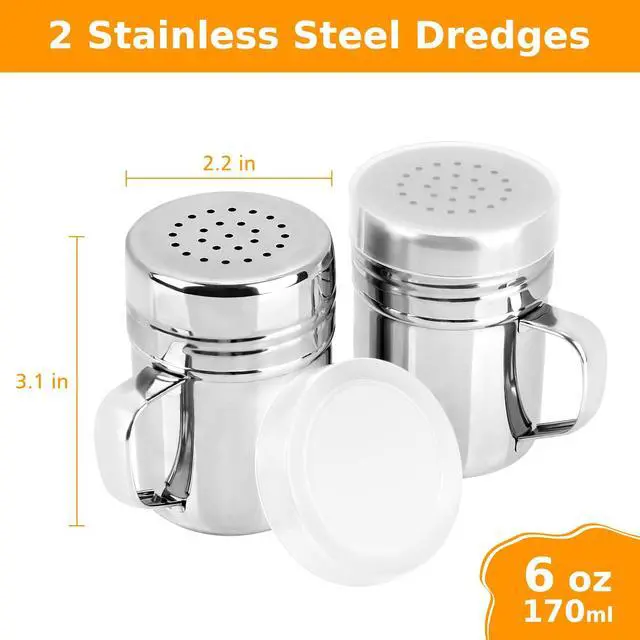 Alt view image 2 of 7 - 2pcs Stainless Steel Dredge, Salt Pepper Dredge Shakers with Handle, Seasonings Spice Shakers with Lid, 6 Ounce