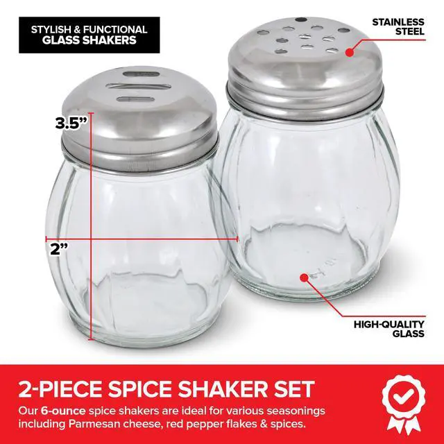 Alt view image 2 of 7 - 6-Ounces Glass Spices Shaker With Perforated Stainless Steel Top And Parmesan Cheese Shaker With Slotted Stainless Steel Top/Set of 2/Bulk Swirl Retro Style Dispensers With Lids/Salt & Pepper Shakers
