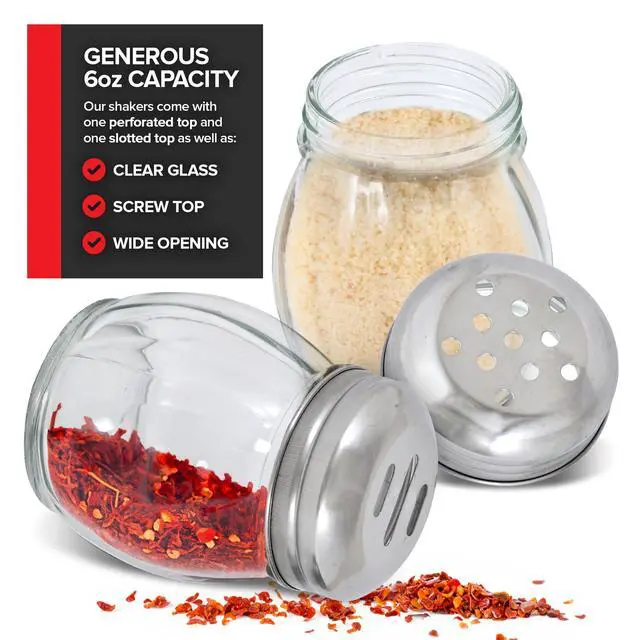 Alt view image 3 of 7 - 6-Ounces Glass Spices Shaker With Perforated Stainless Steel Top And Parmesan Cheese Shaker With Slotted Stainless Steel Top/Set of 2/Bulk Swirl Retro Style Dispensers With Lids/Salt & Pepper Shakers