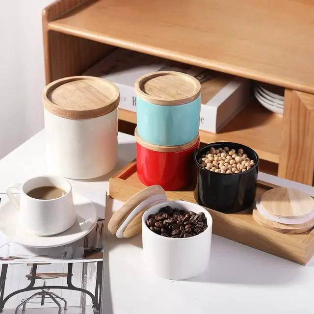 Alt view image 3 of 6 - Kitchen Canisters Ceramic Food Storage Jar, Stackable Containers with Airtight Seal Wooden Lid for Serving Ground Coffee, Tea, Sugar, Spice and More - 5 Fl Oz(White)
