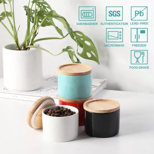 Alt view image 2 of 6 - Kitchen Canisters Ceramic Food Storage Jar, Stackable Containers with Airtight Seal Wooden Lid for Serving Ground Coffee, Tea, Sugar, Spice and More - 5 Fl Oz(White)