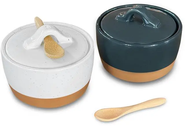 Main image of Ceramic Salt and Pepper Cellar Set with Lid - 10 oz Modern Canister/Container/Bowl for Storage, Sea Salt, Spice, Sugar, Countertop - Small Dish/Jar with Wood Spoon, Black & White Crock
