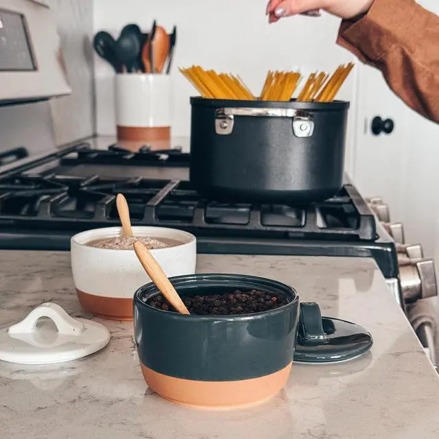 Alt view image 5 of 7 - Ceramic Salt and Pepper Cellar Set with Lid - 10 oz Modern Canister/Container/Bowl for Storage, Sea Salt, Spice, Sugar, Countertop - Small Dish/Jar with Wood Spoon, Black & White Crock