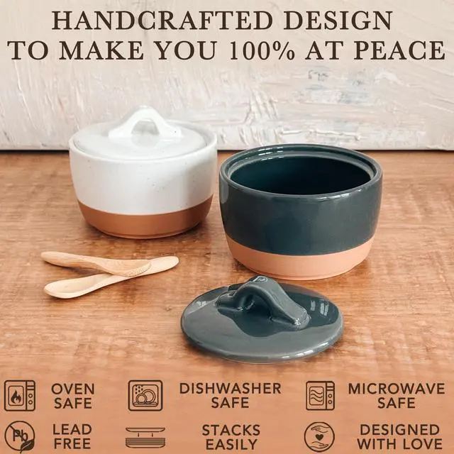 Alt view image 4 of 7 - Ceramic Salt and Pepper Cellar Set with Lid - 10 oz Modern Canister/Container/Bowl for Storage, Sea Salt, Spice, Sugar, Countertop - Small Dish/Jar with Wood Spoon, Black & White Crock
