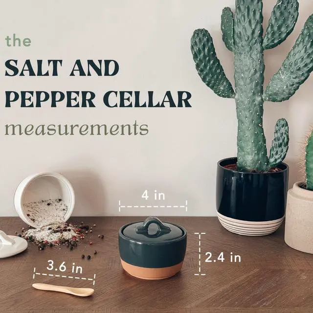 Alt view image 2 of 7 - Ceramic Salt and Pepper Cellar Set with Lid - 10 oz Modern Canister/Container/Bowl for Storage, Sea Salt, Spice, Sugar, Countertop - Small Dish/Jar with Wood Spoon, Black & White Crock
