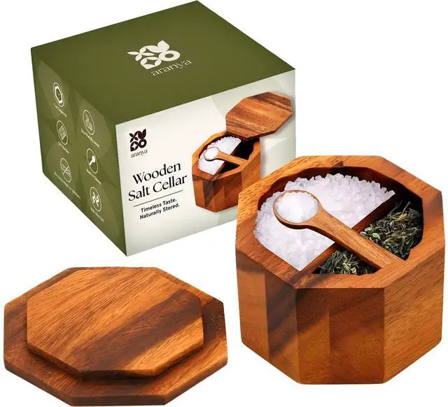 Main image of Wooden Pepper and Salt Cellar with Lid and Spoon Set Keeper Two Compartments Spice Seasoning Wood 7oz. Container for Countertop Kitchen Storage Sea Salt Box Holder with Anti-Slip Feet Slip