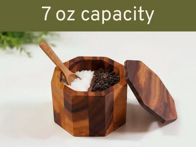 Alt view image 2 of 7 - Wooden Pepper and Salt Cellar with Lid and Spoon Set Keeper Two Compartments Spice Seasoning Wood 7oz. Container for Countertop Kitchen Storage Sea Salt Box Holder with Anti-Slip Feet Slip