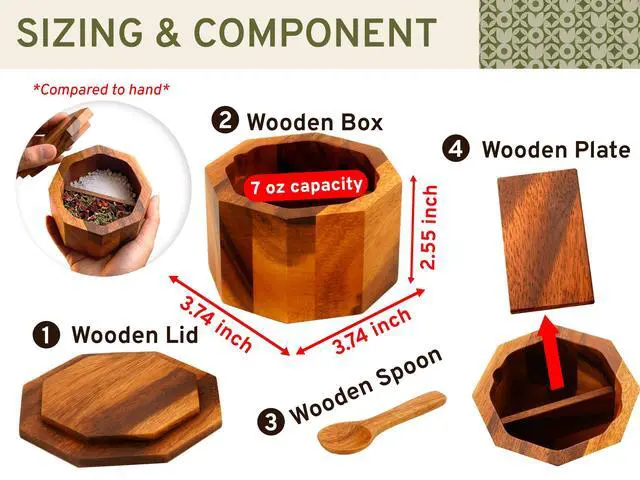 Alt view image 3 of 7 - Wooden Pepper and Salt Cellar with Lid and Spoon Set Keeper Two Compartments Spice Seasoning Wood 7oz. Container for Countertop Kitchen Storage Sea Salt Box Holder with Anti-Slip Feet Slip