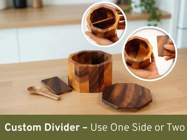 Alt view image 4 of 7 - Wooden Pepper and Salt Cellar with Lid and Spoon Set Keeper Two Compartments Spice Seasoning Wood 7oz. Container for Countertop Kitchen Storage Sea Salt Box Holder with Anti-Slip Feet Slip