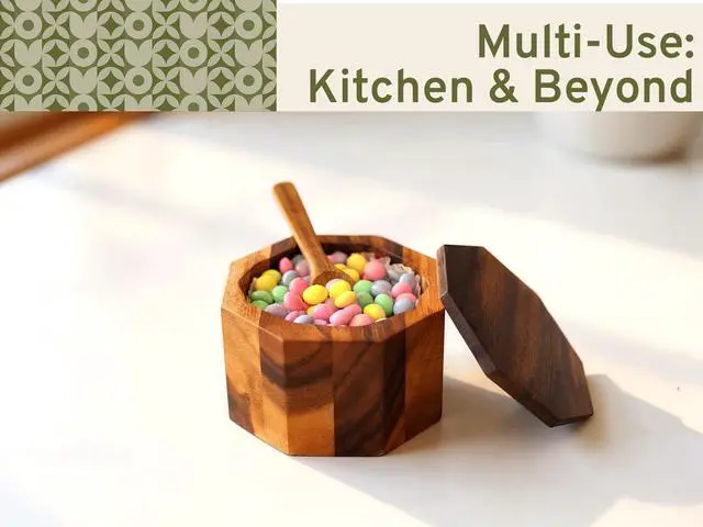 Alt view image 5 of 7 - Wooden Pepper and Salt Cellar with Lid and Spoon Set Keeper Two Compartments Spice Seasoning Wood 7oz. Container for Countertop Kitchen Storage Sea Salt Box Holder with Anti-Slip Feet Slip