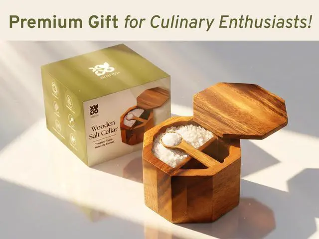 Alt view image 6 of 7 - Wooden Pepper and Salt Cellar with Lid and Spoon Set Keeper Two Compartments Spice Seasoning Wood 7oz. Container for Countertop Kitchen Storage Sea Salt Box Holder with Anti-Slip Feet Slip