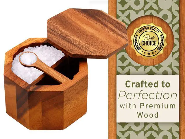 Alt view image 7 of 7 - Wooden Pepper and Salt Cellar with Lid and Spoon Set Keeper Two Compartments Spice Seasoning Wood 7oz. Container for Countertop Kitchen Storage Sea Salt Box Holder with Anti-Slip Feet Slip