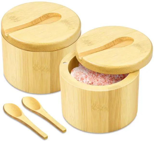 Main image of Bamboo Salt Cellar with Lid and Spoon - Salt and Pepper Containers for Paprika, Herbs, Spice, Sugar - Bamboo Pepper Jar Storage Box Holder w/Magnetic Swivel Lid for Kitchen, 6 oz (Set of 2)