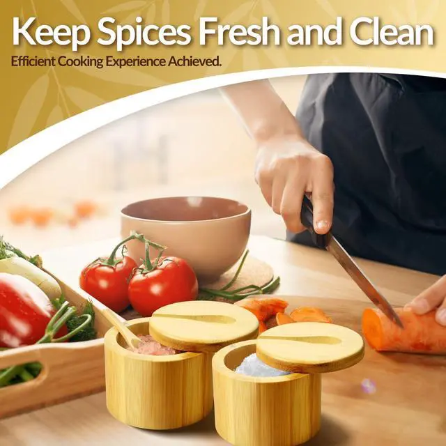 Alt view image 2 of 7 - Bamboo Salt Cellar with Lid and Spoon - Salt and Pepper Containers for Paprika, Herbs, Spice, Sugar - Bamboo Pepper Jar Storage Box Holder w/Magnetic Swivel Lid for Kitchen, 6 oz (Set of 2)